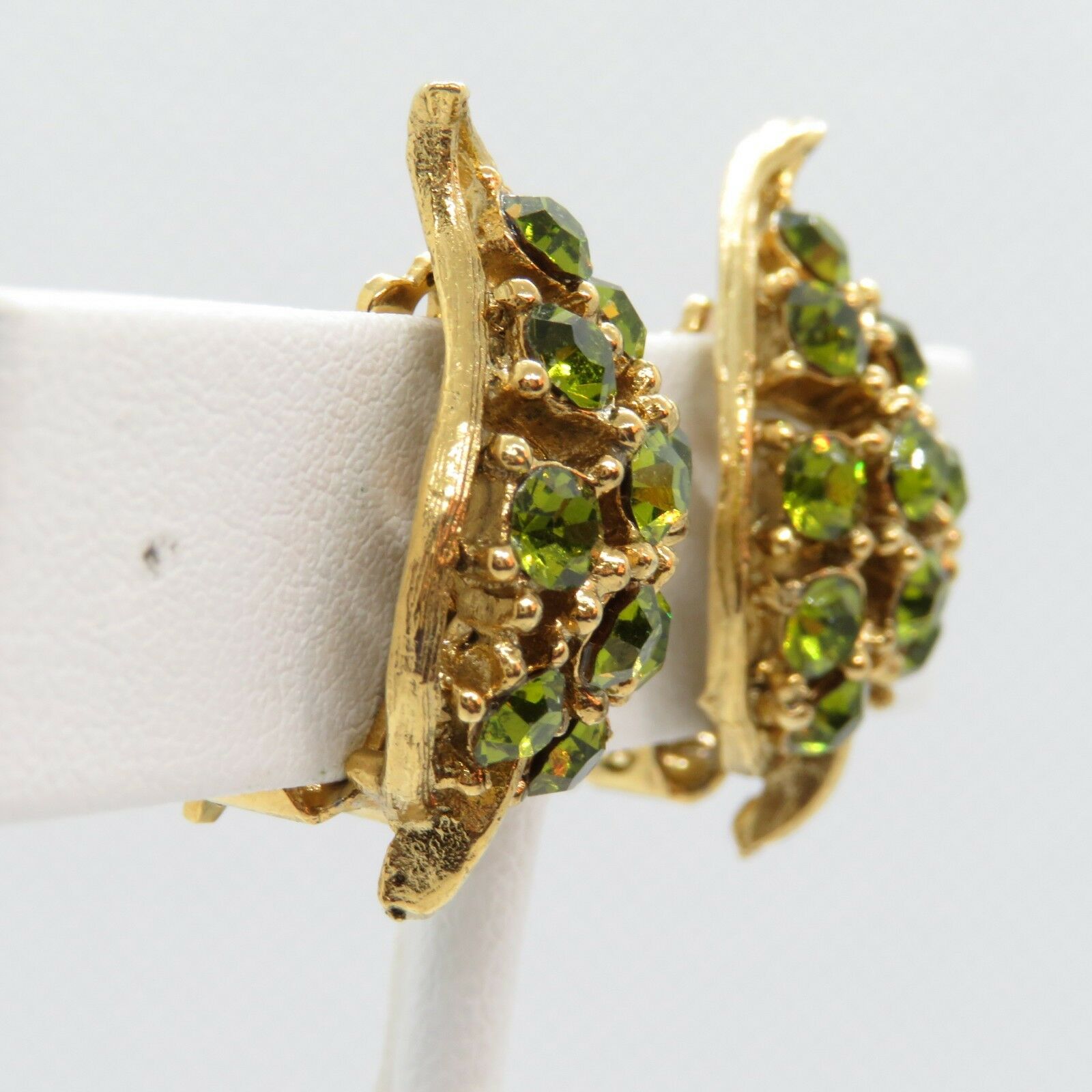 Vintage Rhinestone Clip Earrings Green Leaf Leave Gold Tone Fall Spring Costume Jewelry - At Grandma's Table