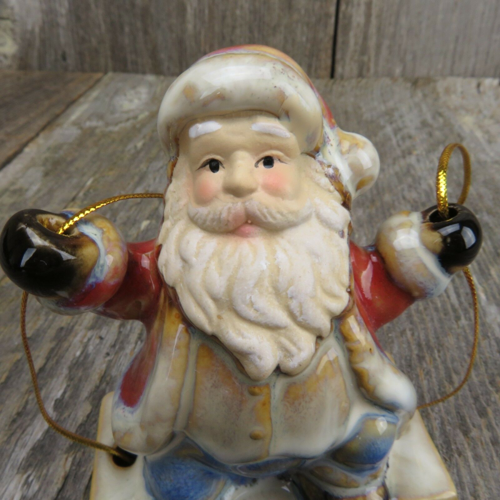 Swinging Santa Christmas Ornament Pottery Set Glazed Ceramic Red Blue Gloss - At Grandma's Table