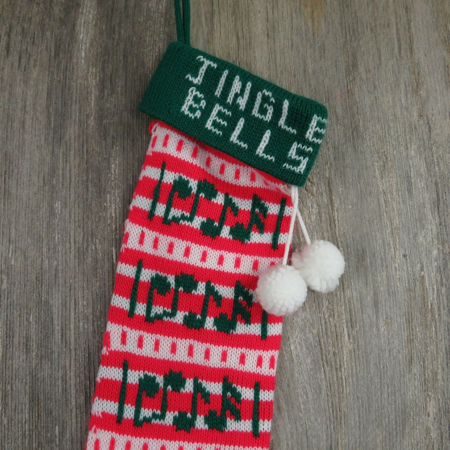 Vintage Jingle Bells Stocking Striped Christmas Knitted Knit Green Red White - At Grandma's Table