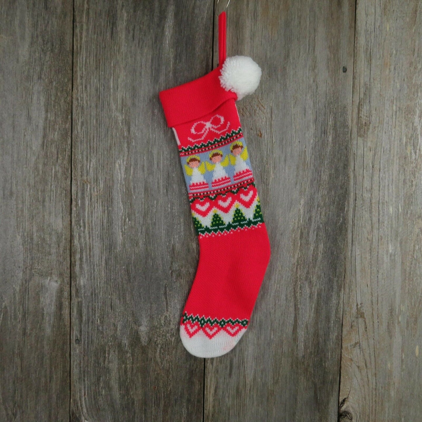 Vintage Angel Hearts Stocking Christmas Hallmark Knitted Knit Green Red Blue - At Grandma's Table