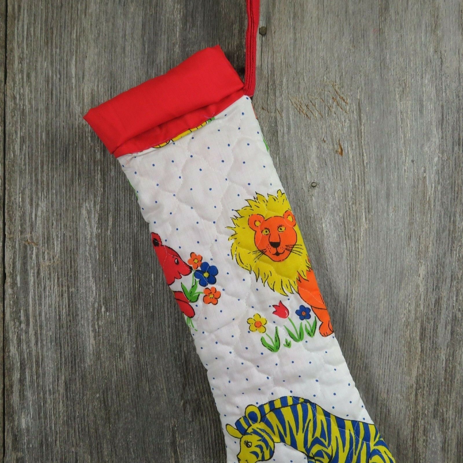 Vintage Christmas Stocking Quilted Jungle Animals Handmade Fabric Lion Tiger - At Grandma's Table