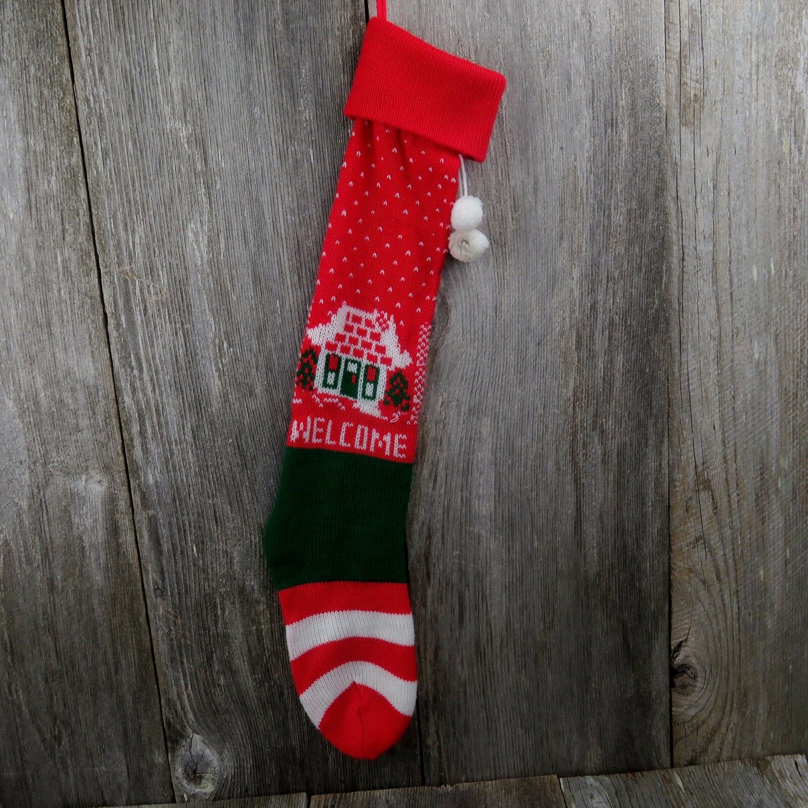Vintage New House Stocking Knit Welcome Home Knitted Red Green 1980s - At Grandma's Table