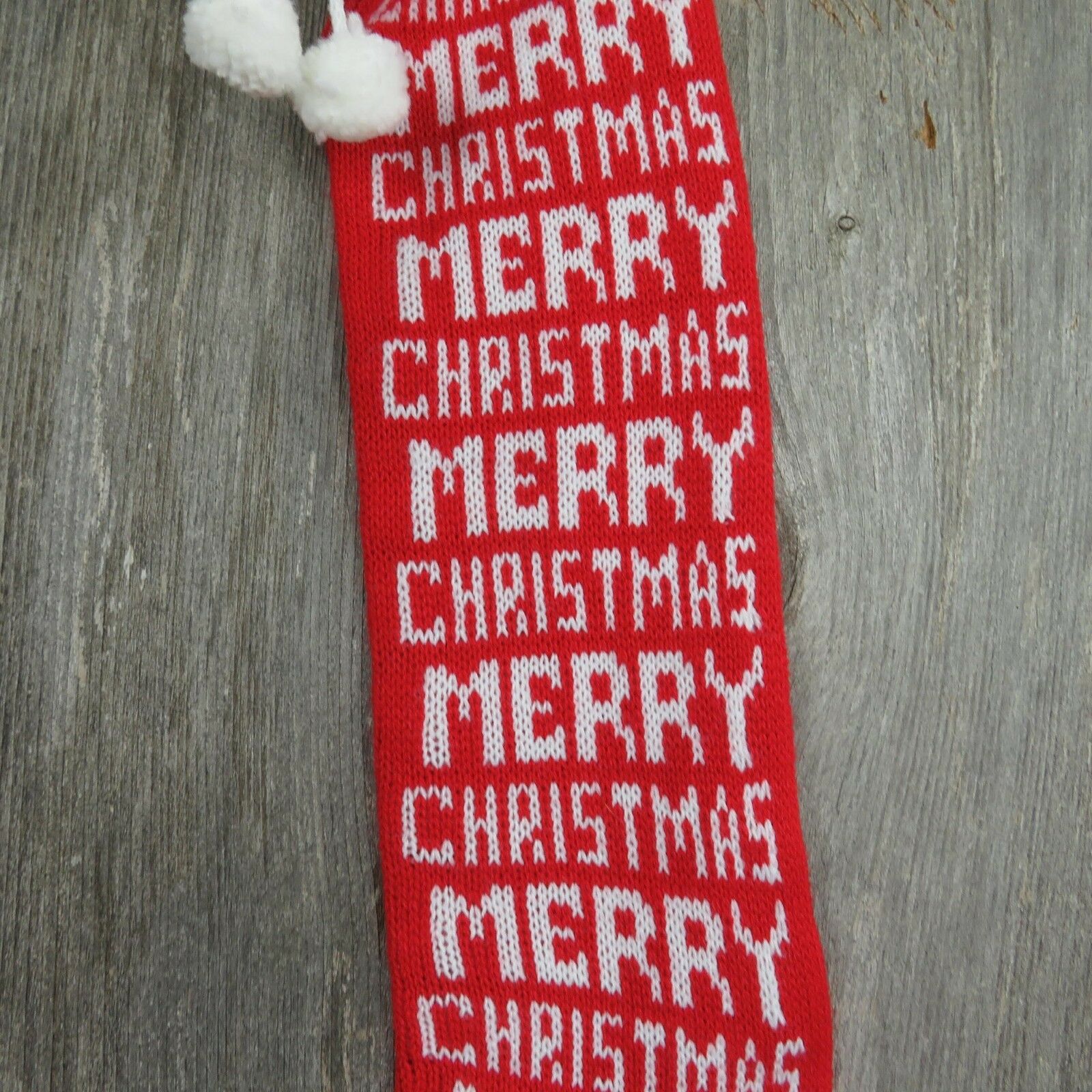 Vintage Stocking Knitted Knit Merry Christmas Red White Bold Pom Pom - At Grandma's Table