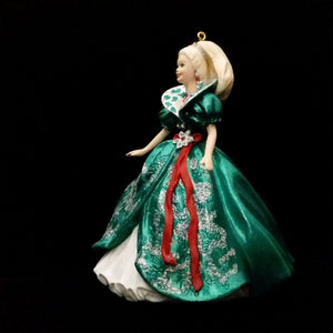 Vintage Holiday Barbie Hallmark Ornament 1995 Green Dress and Blonde Hair Christmas Collector's Series - At Grandma's Table