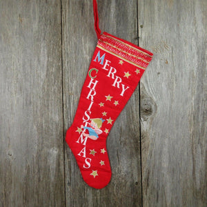 Vintage Angel Tree Stocking Merry Christmas Fabric Flannel Candy Cane Stars Red - At Grandma's Table