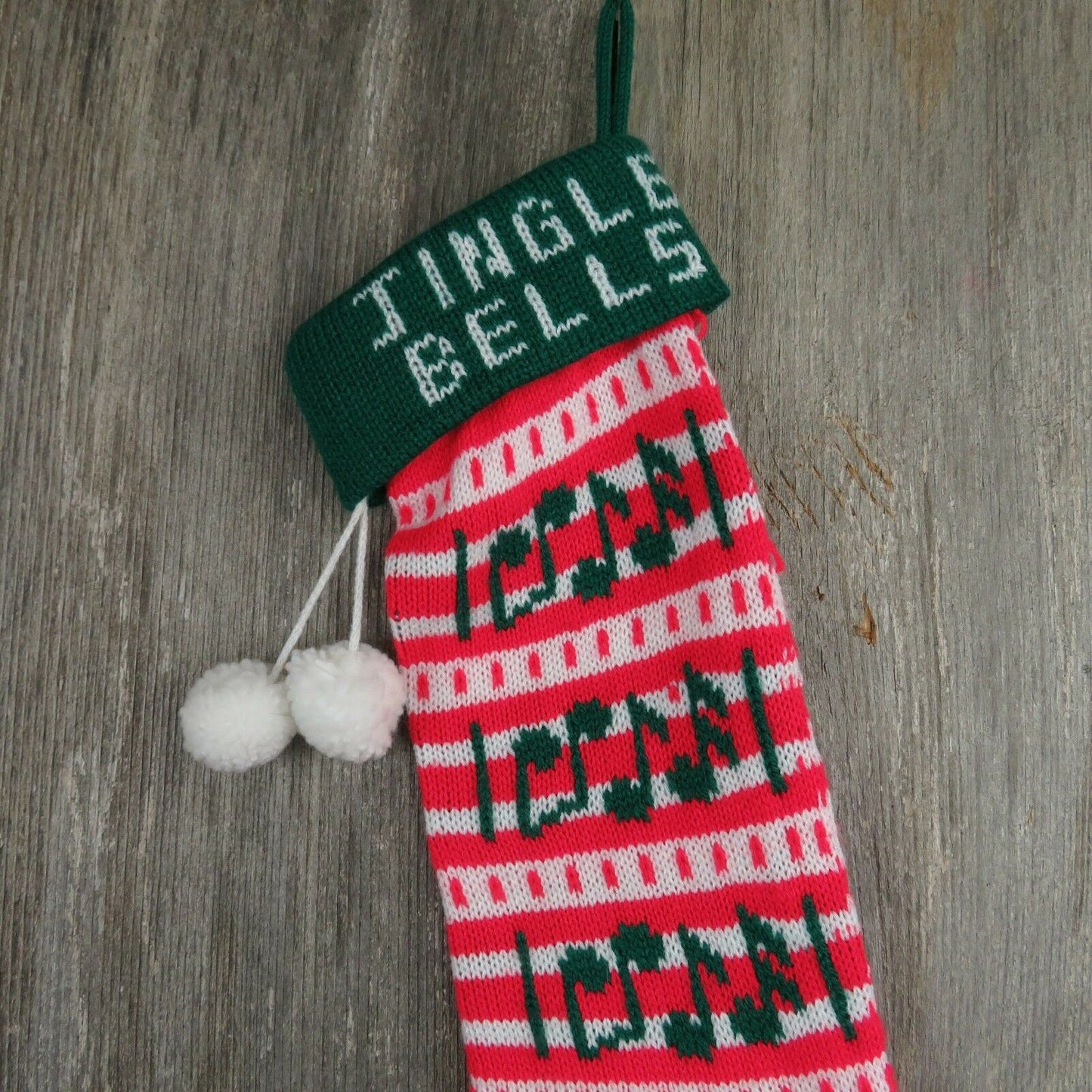 Vintage Jingle Bells Stocking Striped Christmas Knitted Knit Green Red White - At Grandma's Table