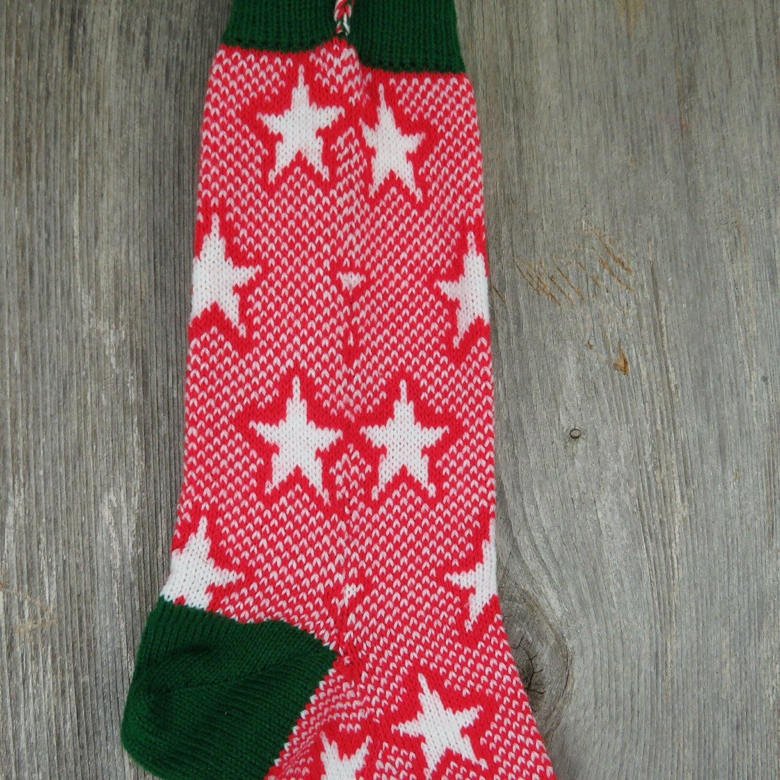 Vintage Christmas Stocking Stars Knitted Knit Green Red White Large ST36 - At Grandma's Table