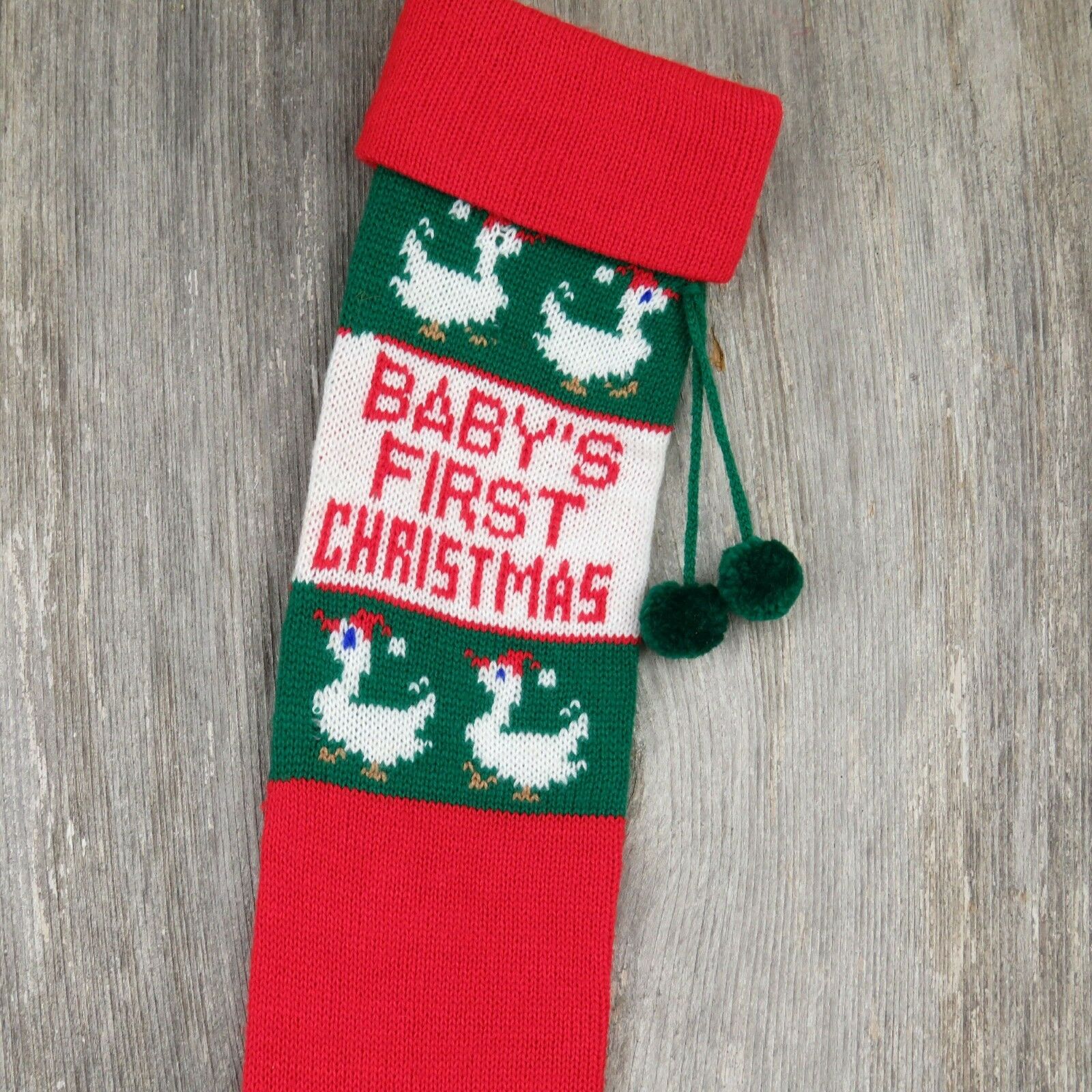 Vintage Christmas Stocking Baby First Goose Knitted Knit Green Red Geese ST38 - At Grandma's Table