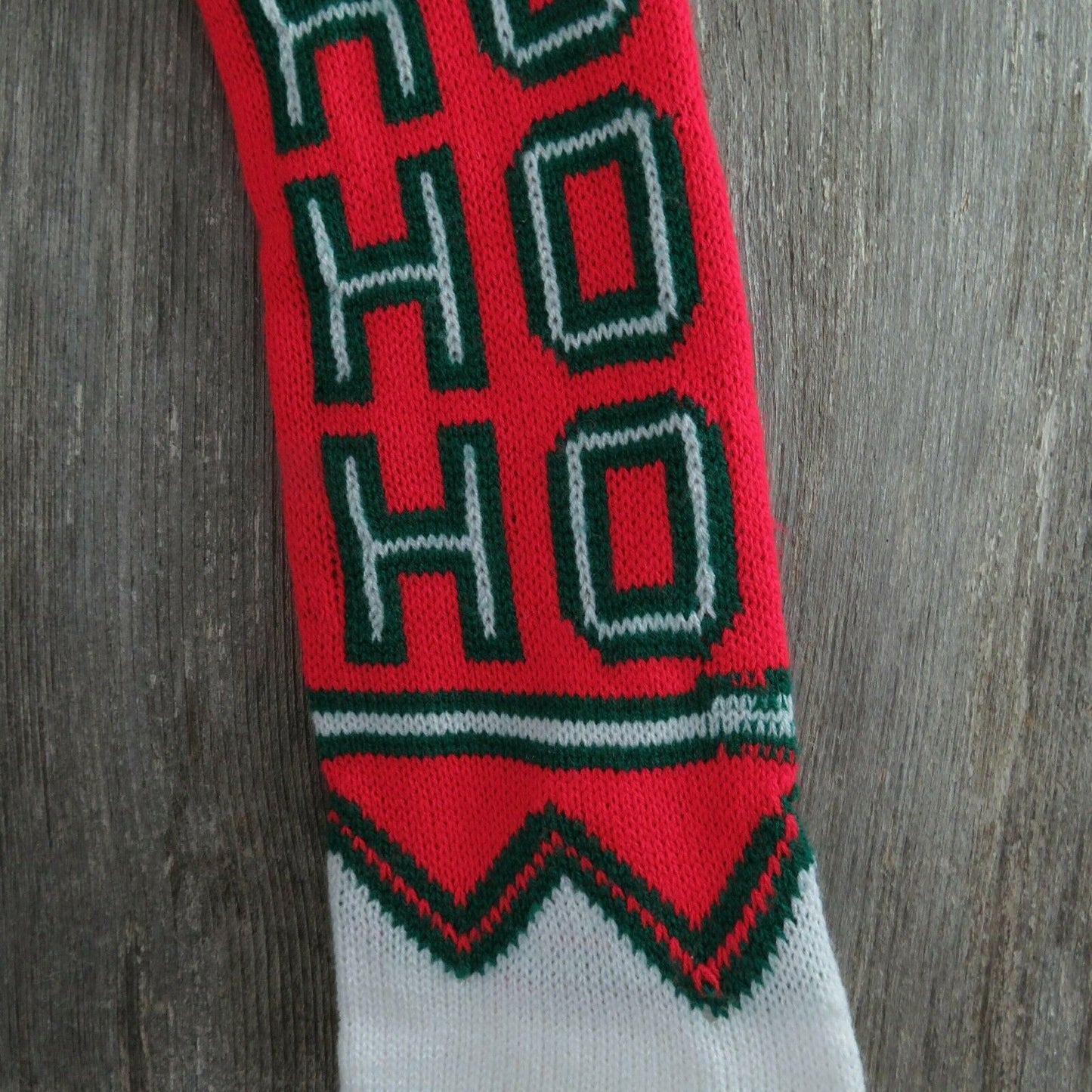 Vintage HO HO HO Stocking Knitted Knit Green Red Heart Christmas Pom Pom - At Grandma's Table