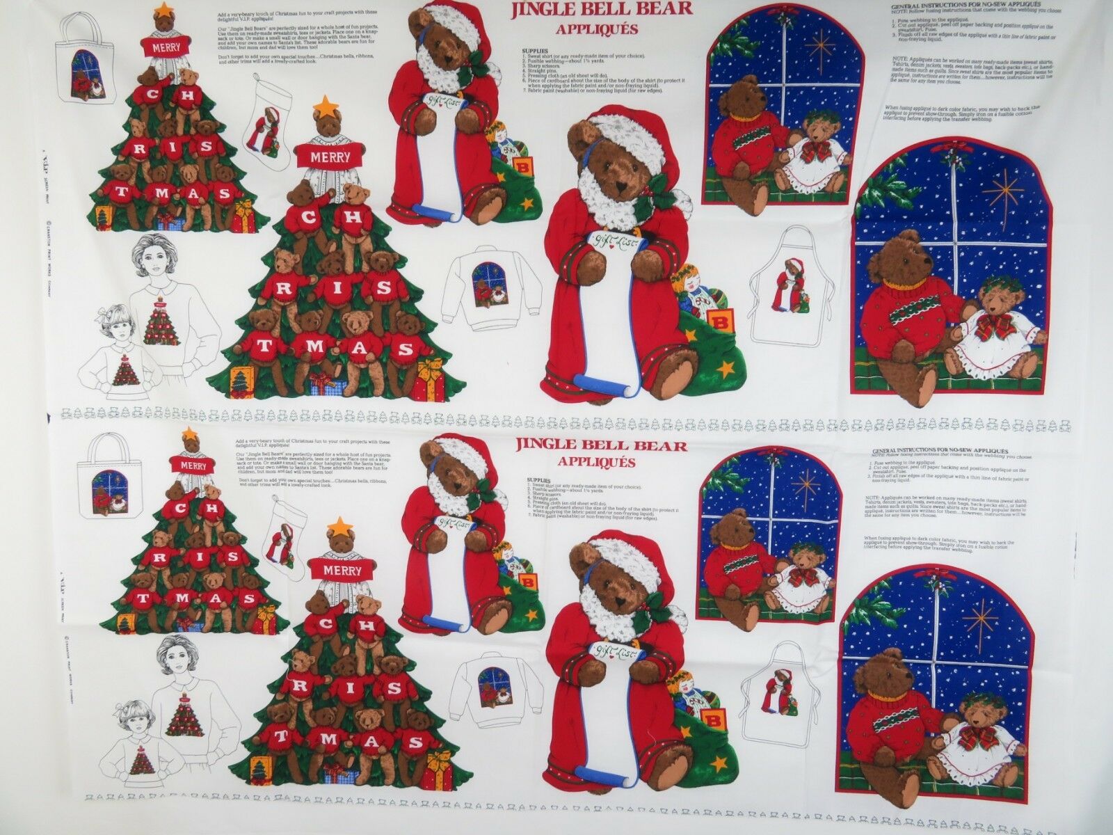 Vintage Fabric Applique Panel Teddy Bear Christmas Cut Sew Cranston Jingle Bell - At Grandma's Table