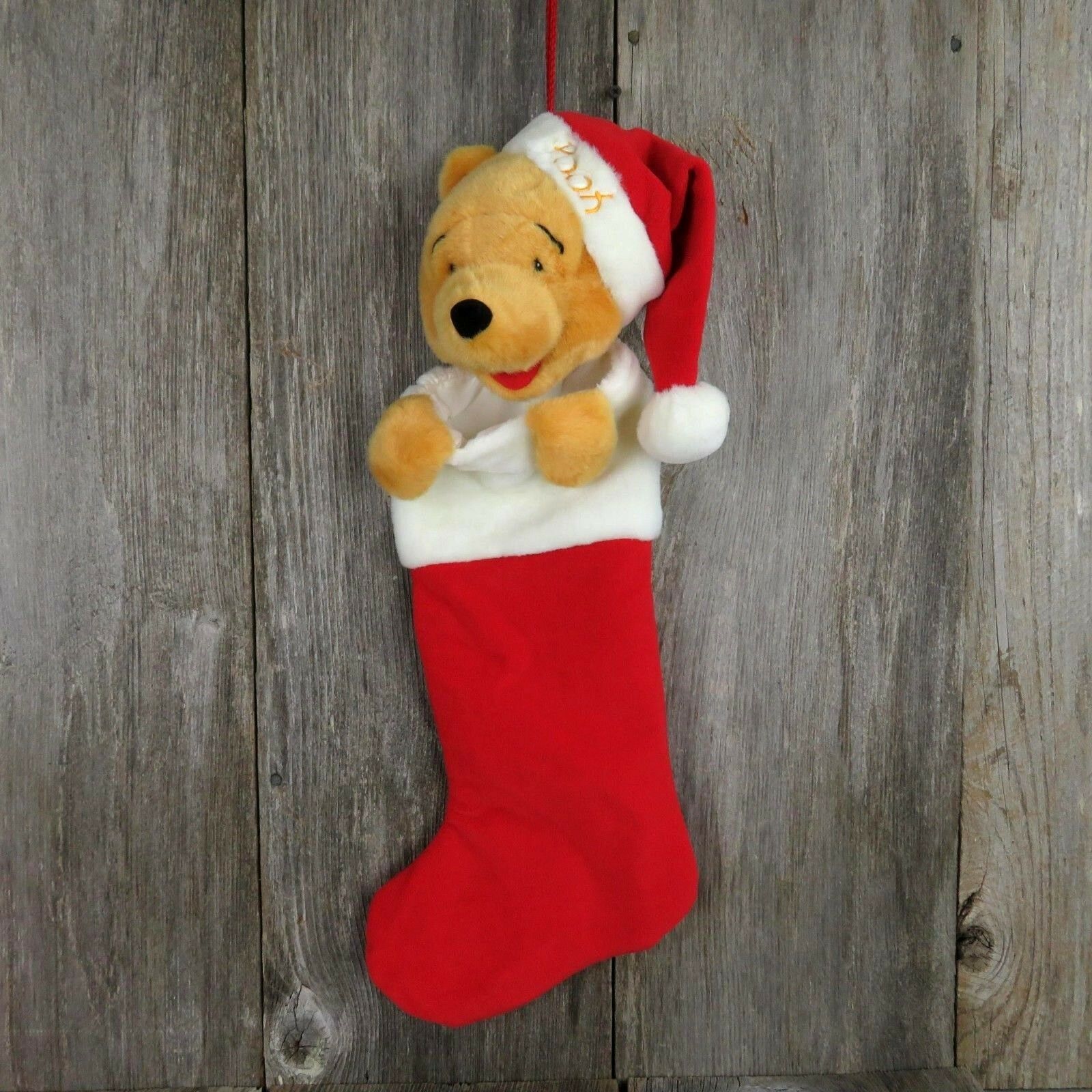 Winnie The Pooh Christmas Stocking Plush Stuffed Animal Red Santa Hat Disney - At Grandma's Table