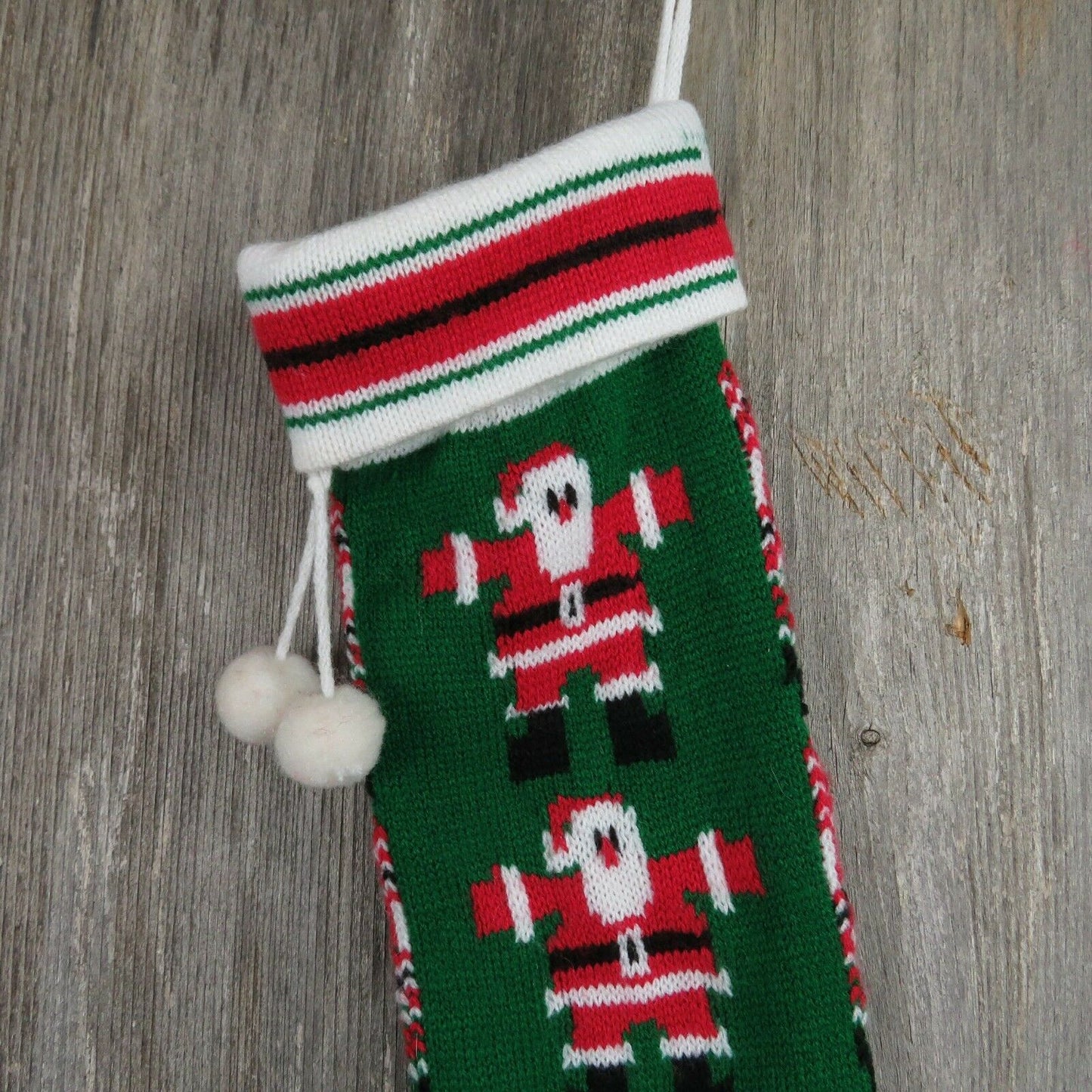 Vintage Santa Claus Stocking Striped Christmas Knitted Knit Green Red White - At Grandma's Table