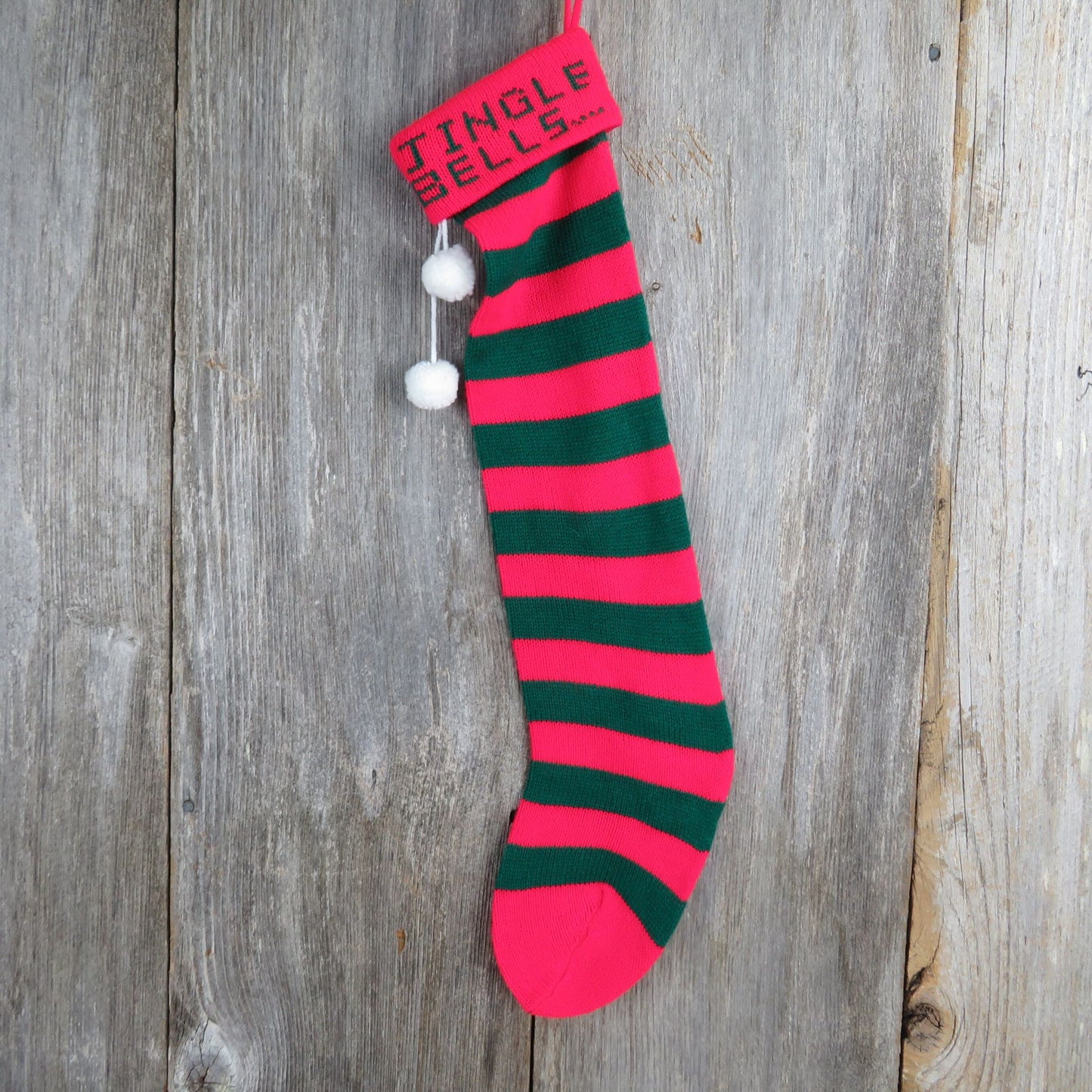 Vintage Jingle Bells Knit Striped Christmas Stocking Red Green Stripes Knitted ST340