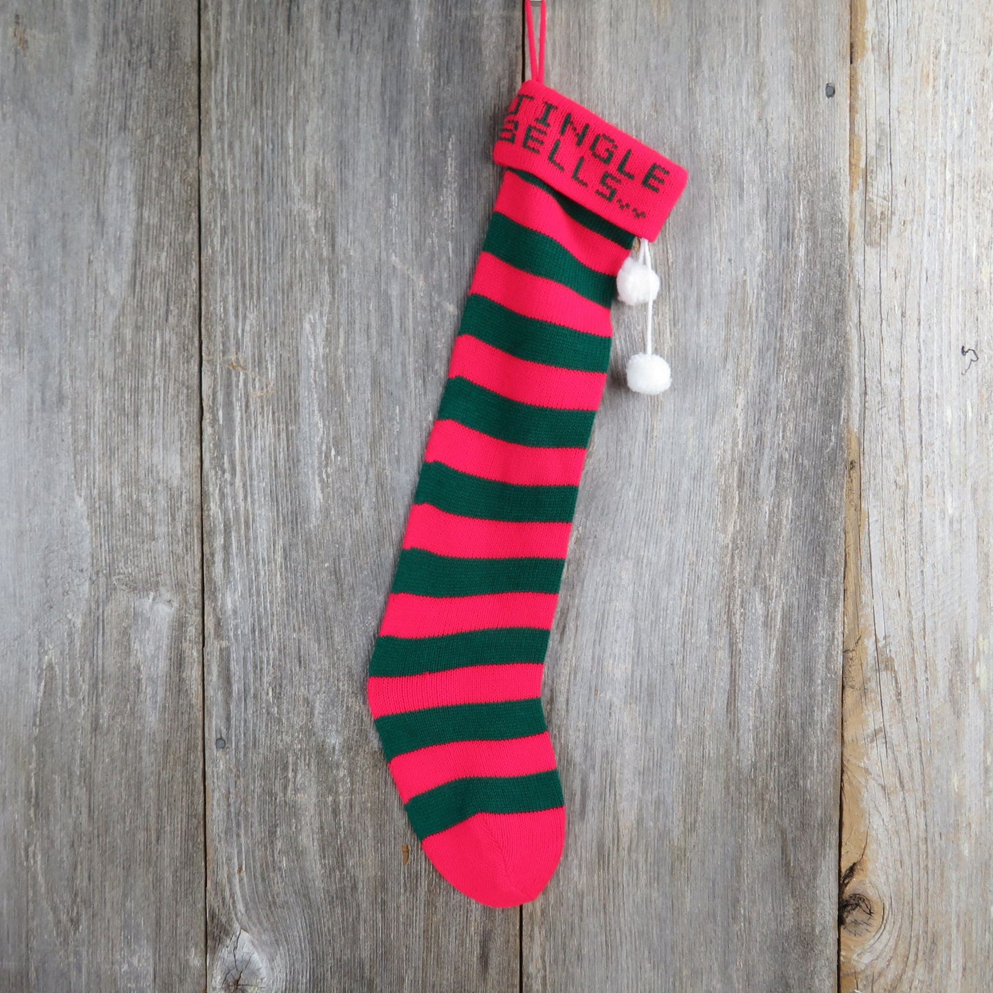 Vintage Jingle Bells Knit Striped Christmas Stocking Red Green Stripes Knitted ST340