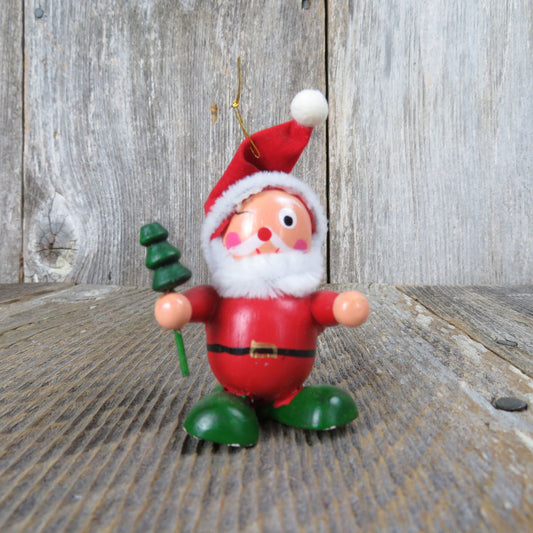 Vintage Wood Santa Winking Ornament Wooden Felt Hat Christmas Tree Red Green