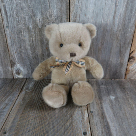 Vintage Tan Teddy Bear Plush Brown Black Plaid Bow Tie Stuffed Animal