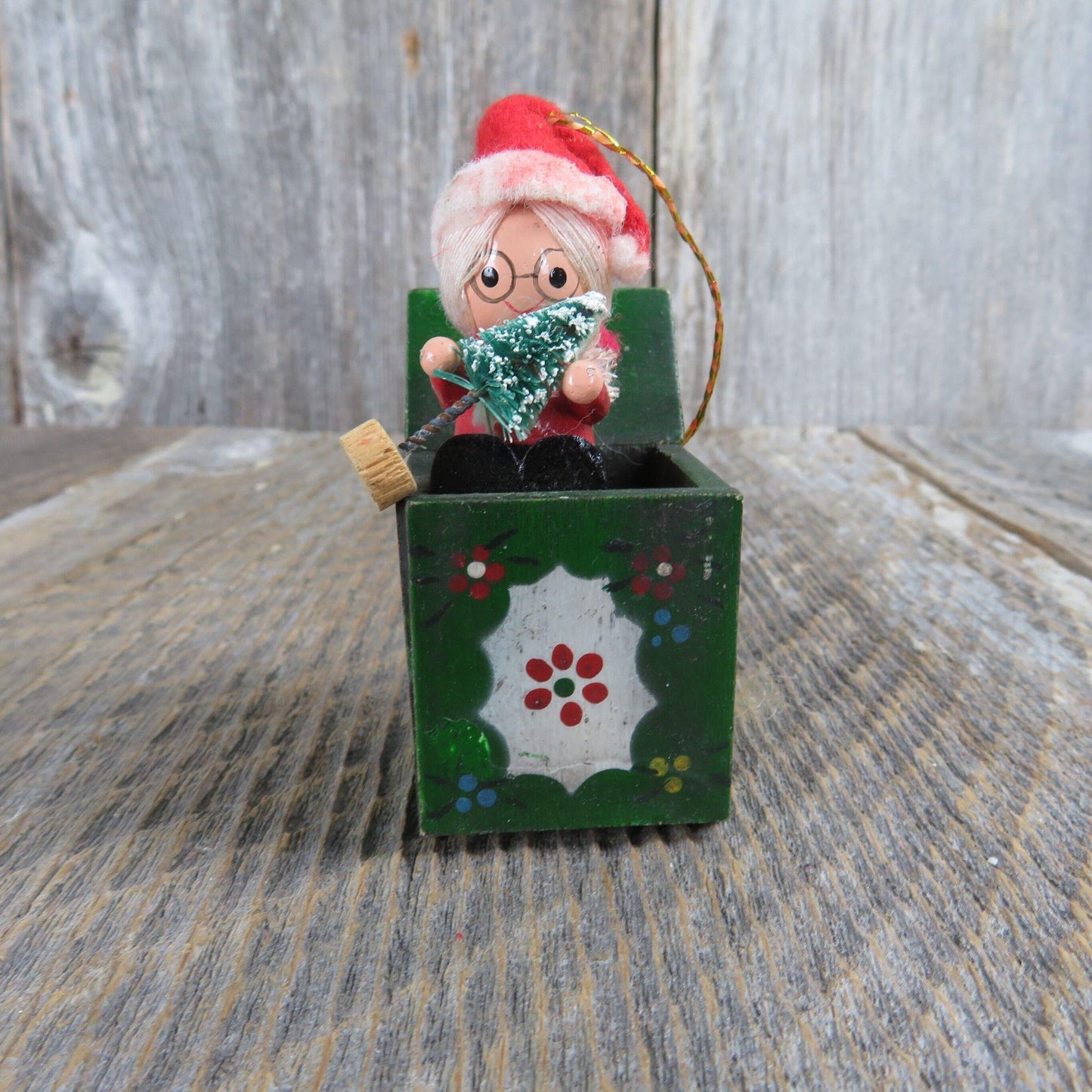 Vintage Mrs Santa Claus Wooden Ornament Christmas Brush Tree  Jack Box Gift Enesco