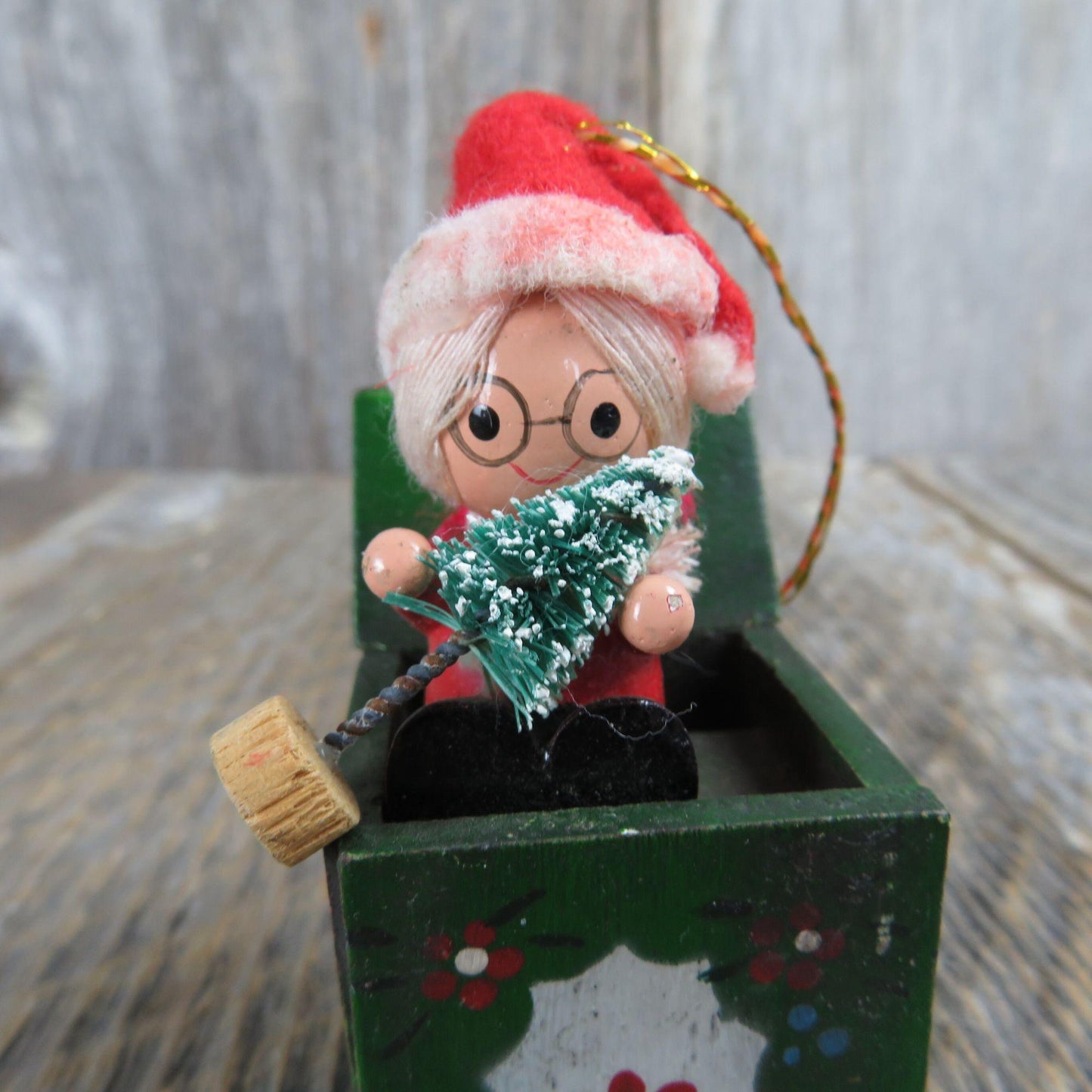 Vintage Mrs Santa Claus Wooden Ornament Christmas Brush Tree  Jack Box Gift Enesco