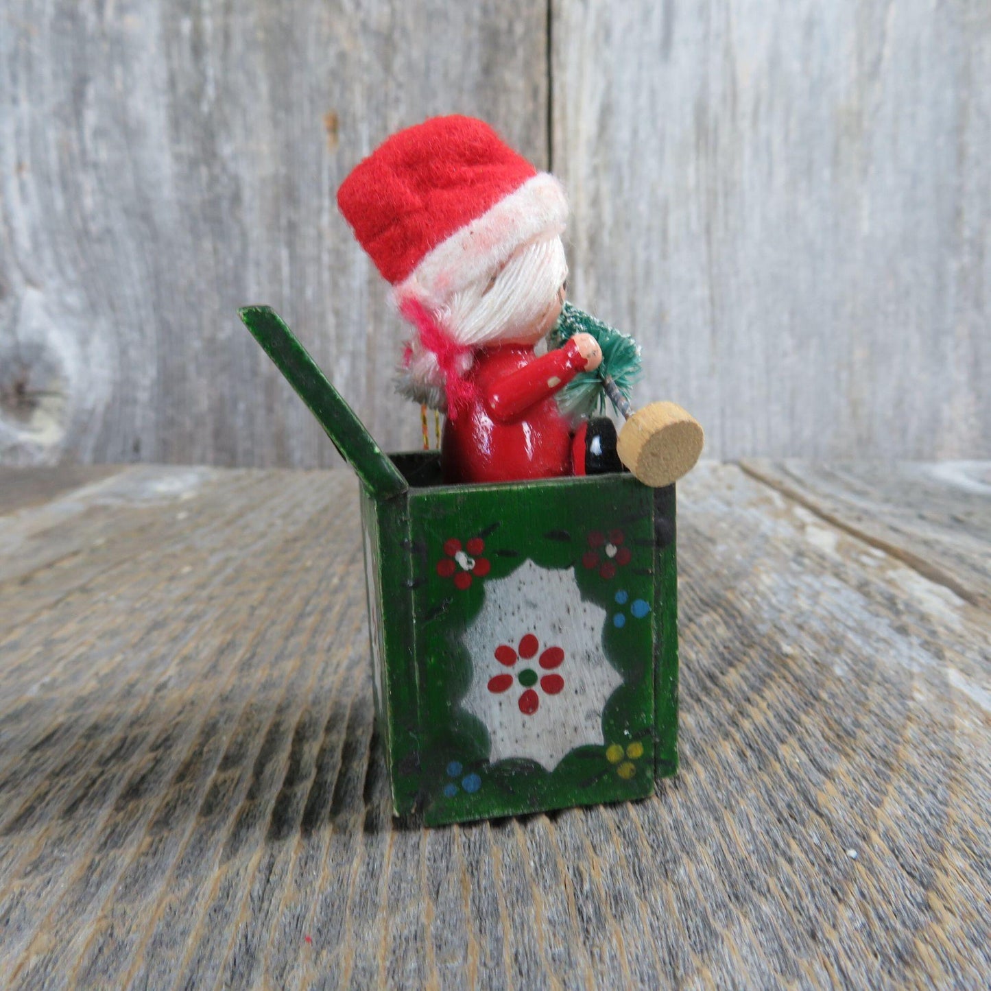 Vintage Mrs Santa Claus Wooden Ornament Christmas Brush Tree  Jack Box Gift Enesco