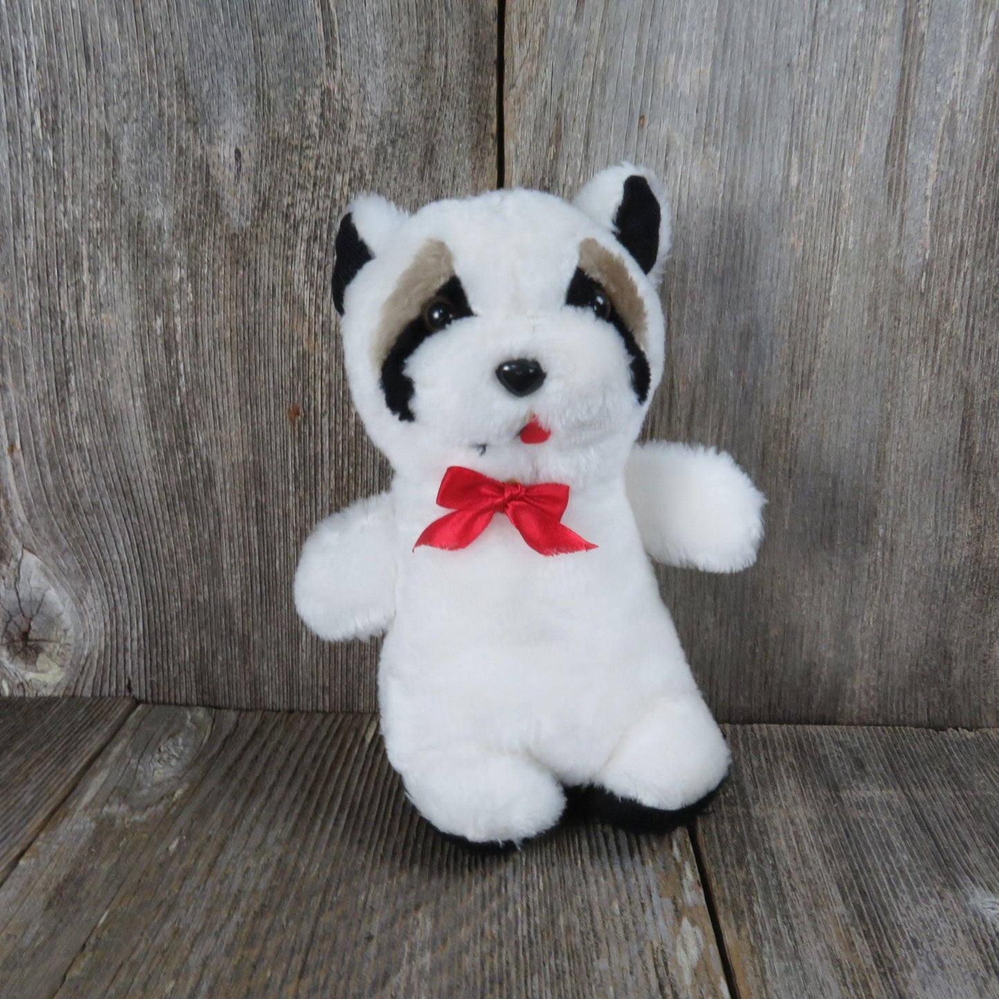 Vintage Raccoon Plush White Panda Bow Hard Stuffed Korea Etone 1984