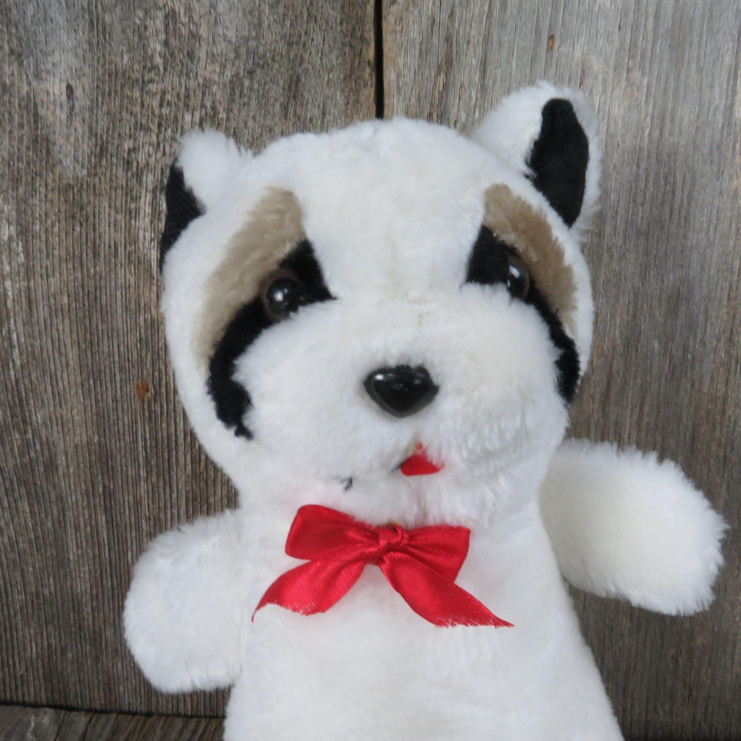 Vintage Raccoon Plush White Panda Bow Hard Stuffed Korea Etone 1984