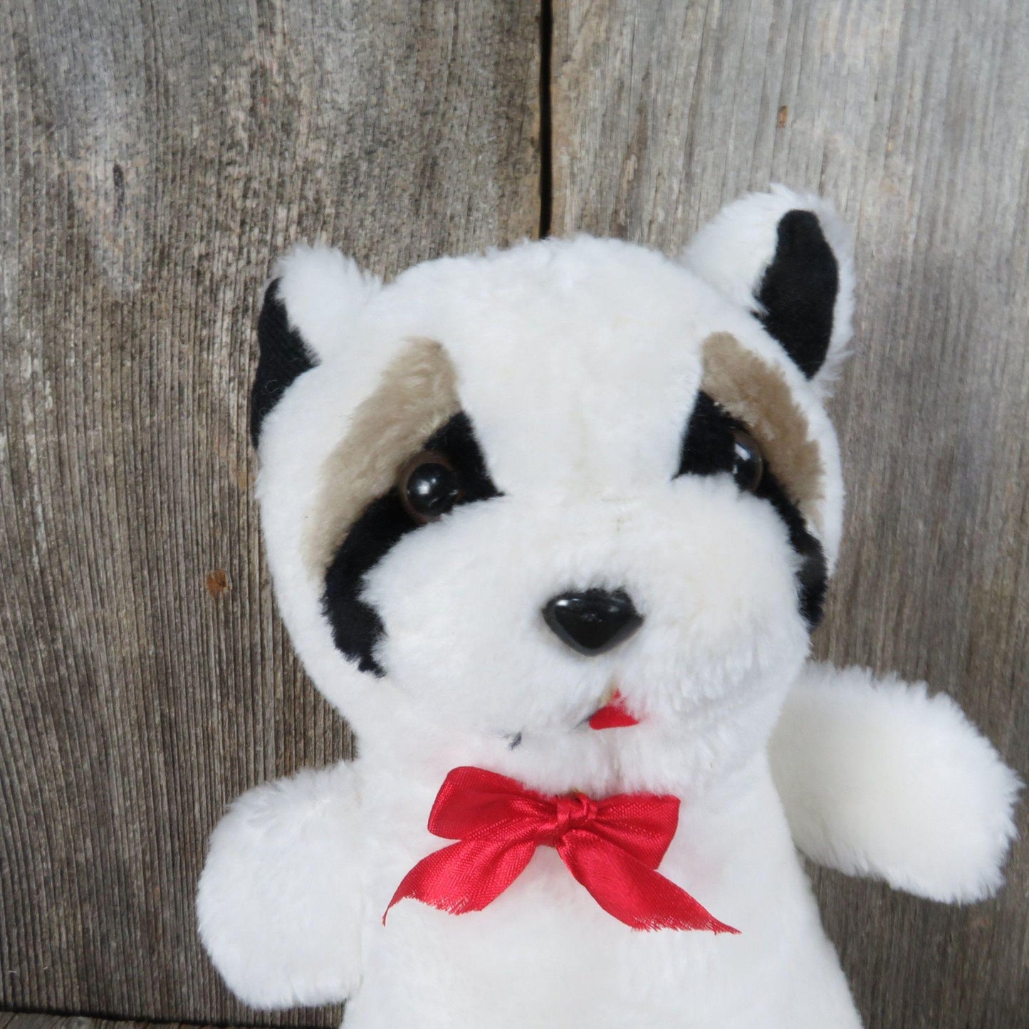 Vintage Raccoon Plush White Panda Bow Hard Stuffed Korea Etone 1984