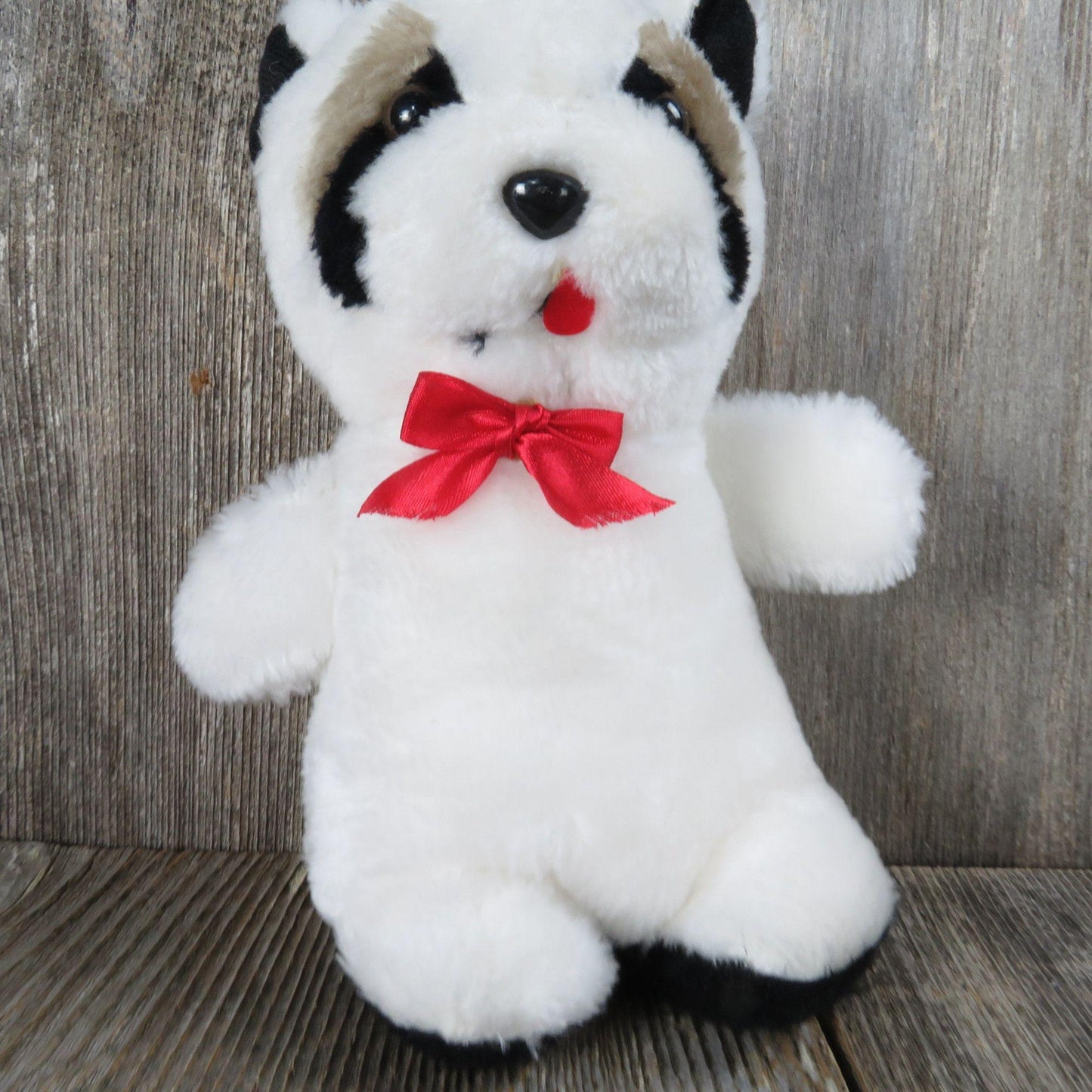 Vintage Raccoon Plush White Panda Bow Hard Stuffed Korea Etone 1984