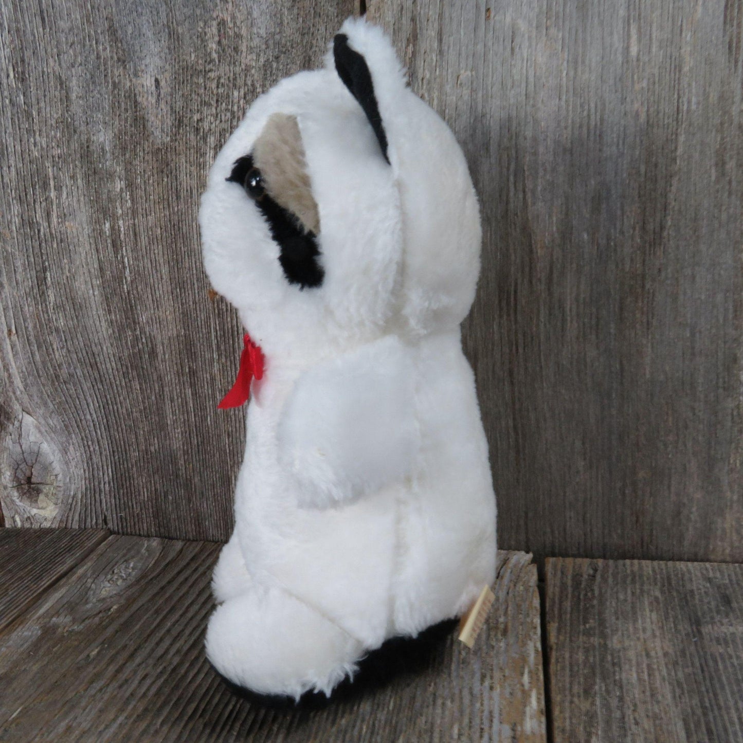 Vintage Raccoon Plush White Panda Bow Hard Stuffed Korea Etone 1984