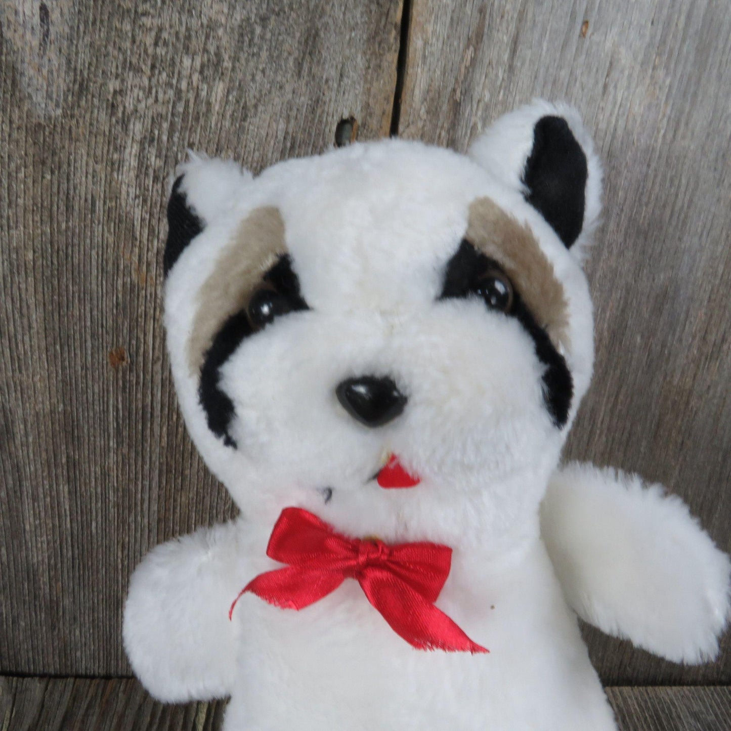 Vintage Raccoon Plush White Panda Bow Hard Stuffed Korea Etone 1984