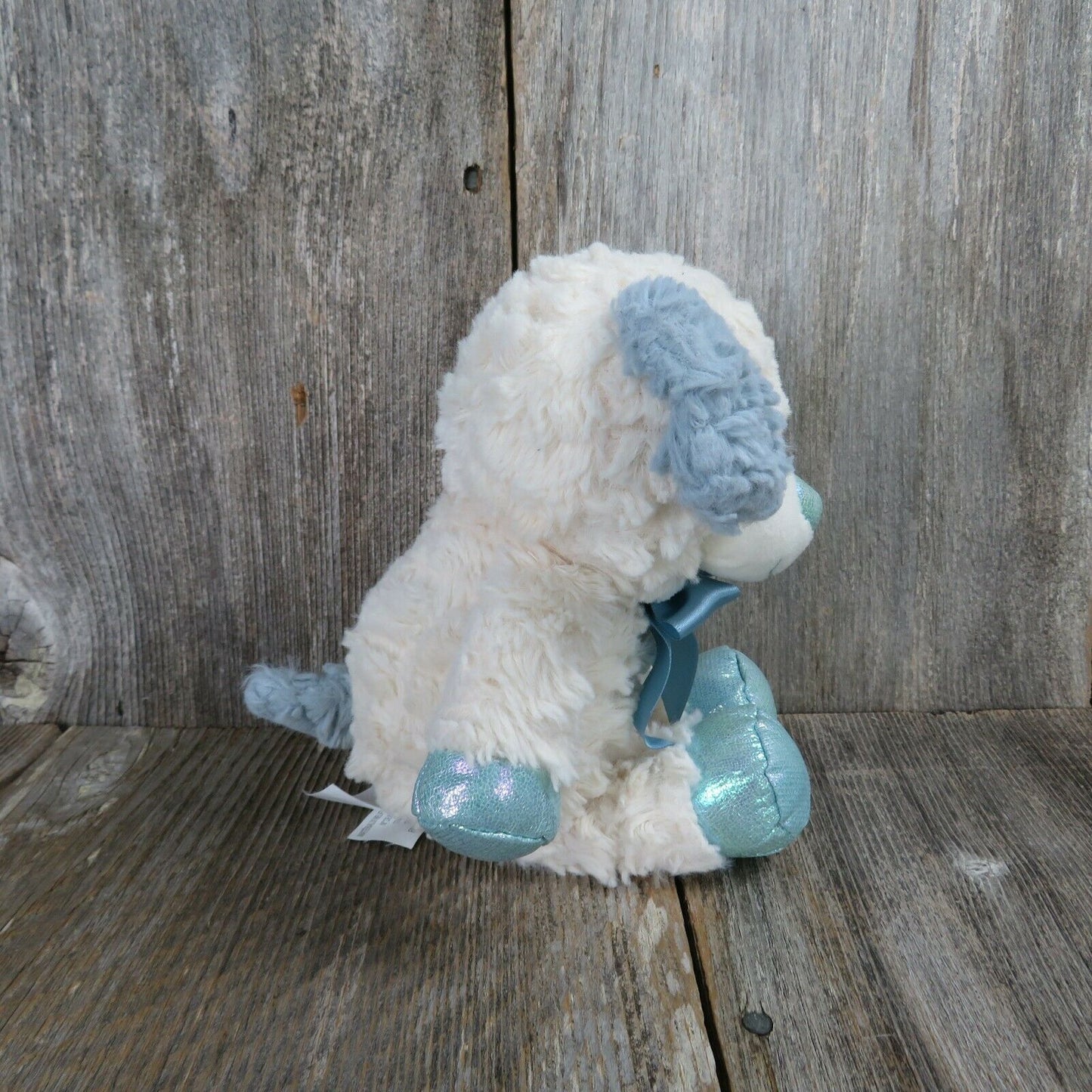 White Puppy Dog Plush Blue Ears Paws Bow Kellytoy Sparkle Fuzzy Floppy Legs
