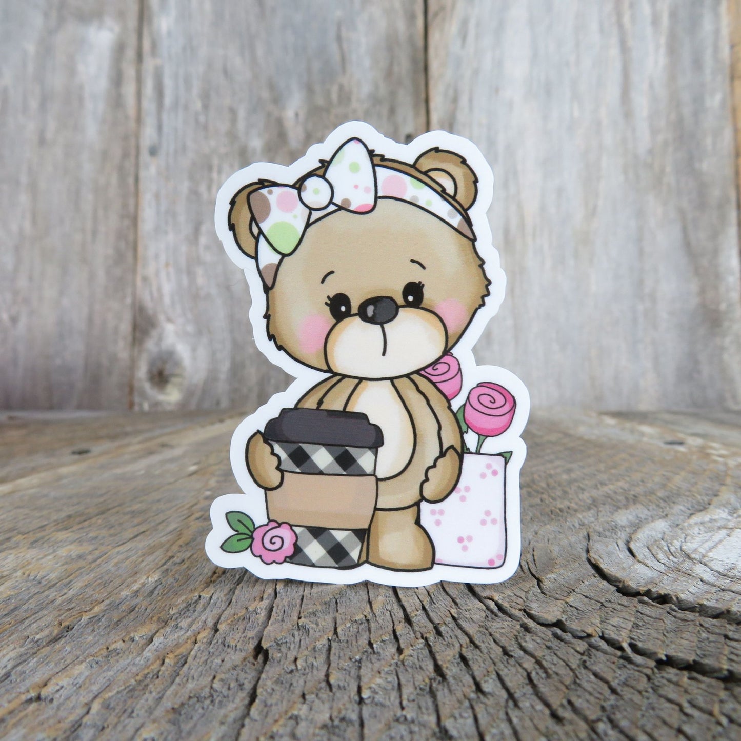 Teddy Bear with To Go Cup Sticker Waterproof Pink Coffee Lover Travel Mug Full Color Sticker Tea Drinker