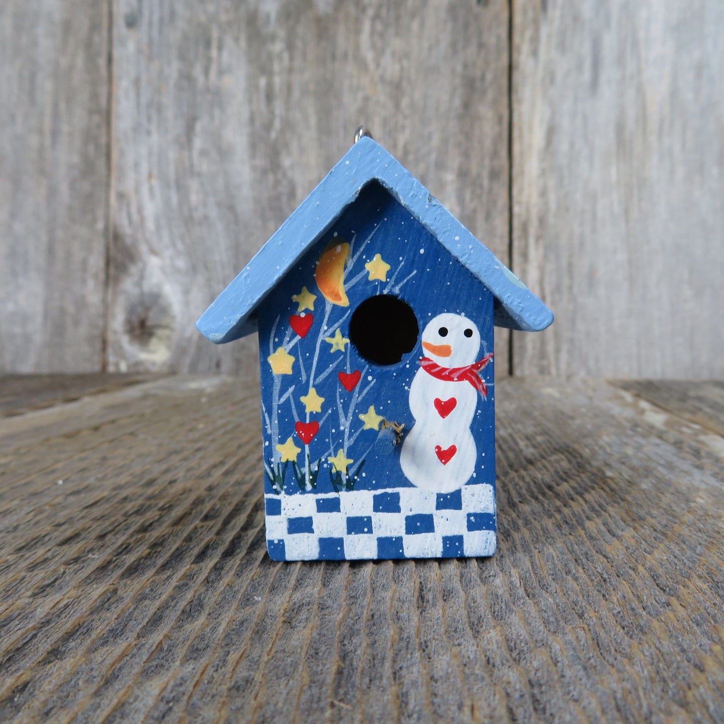 Vintage Blue Painted Birdhouse Wood Ornament Snowman Checkered Bird Rustic Christmas Country