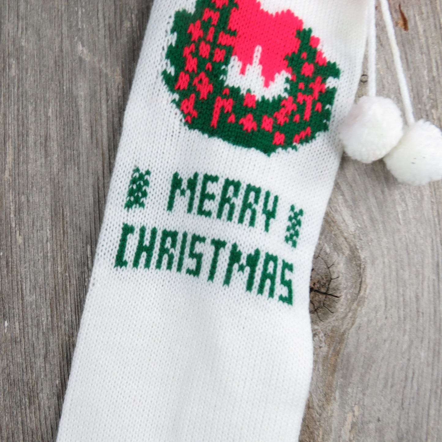 Vintage White Wreath Design Knit Stocking Tree Knitted White Green Red Christmas Pom Pom ST341