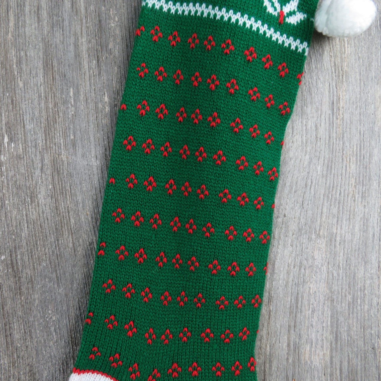 Vintage Merry Christmas Green Knit Stocking Knitted White Red Christmas Pom Pom ST343