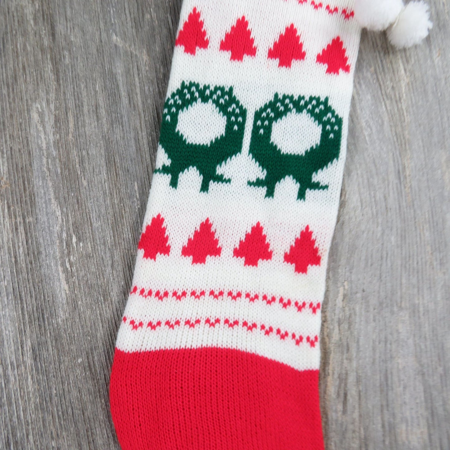 Vintage Wreath Design Knit Stocking Tree Knitted White Green Red Christmas Pom Pom