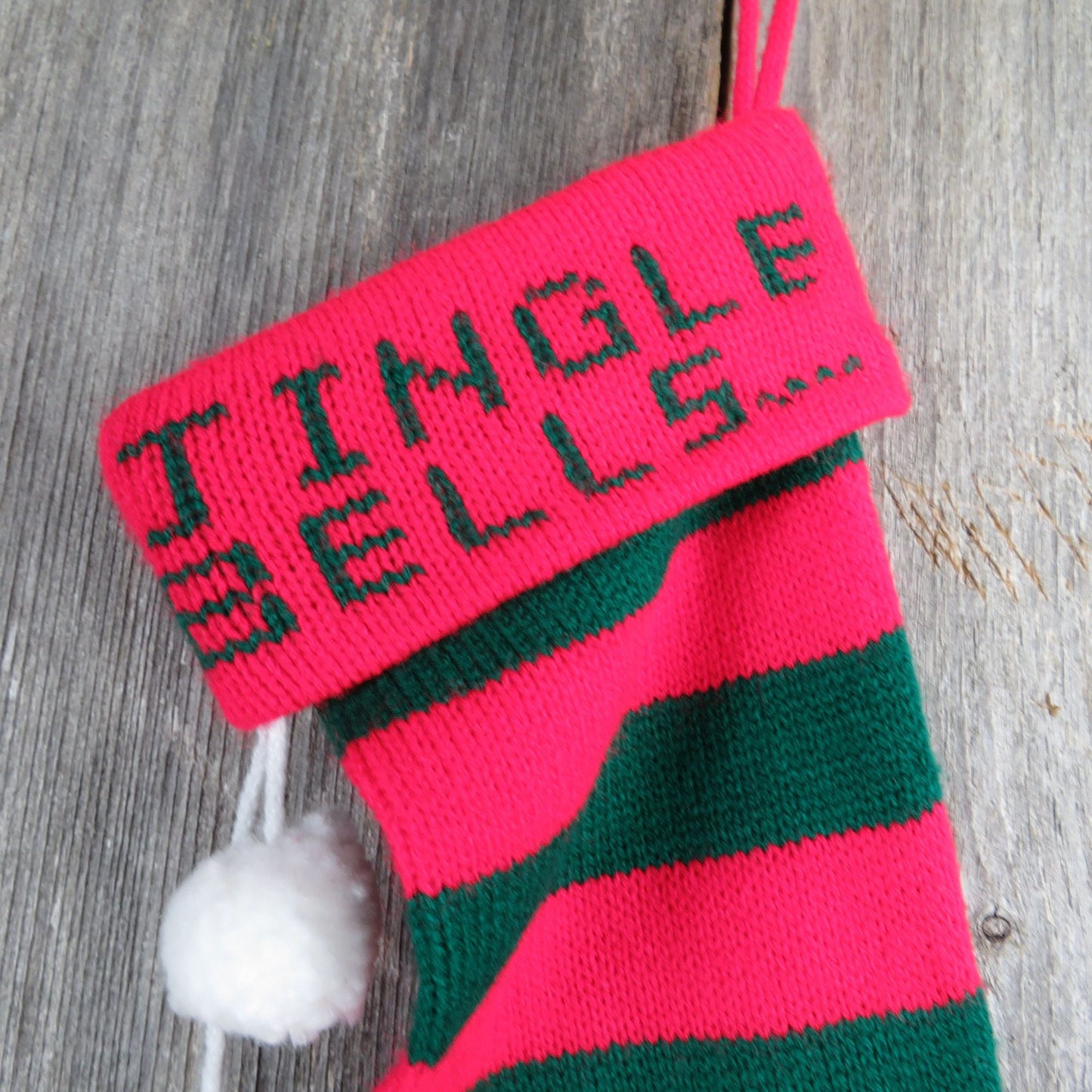 Vintage Jingle Bells Knit Striped Christmas Stocking Red Green Stripes Knitted ST340