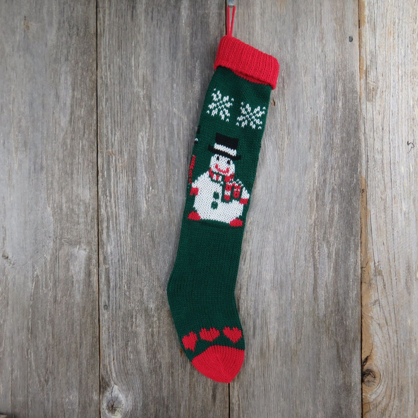 Vintage Chunky Knit Snowman Stocking Christmas Green Red Hearts