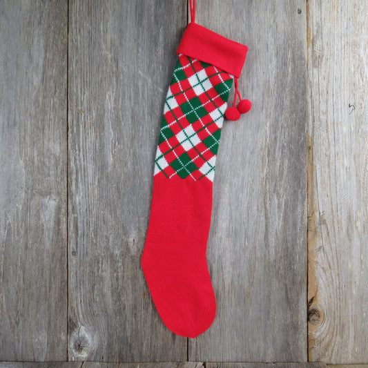 Vintage Red Knit Argyle Stocking Christmas Knitted Green Red White Pattern 1980s