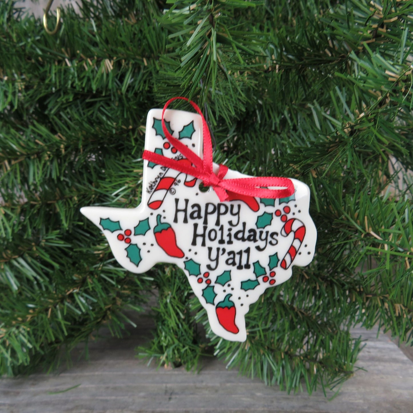 Texas State Shaped Ornament Happy Holidays Y'all Kathryn Designs Flat Christmas Ceramic 1996