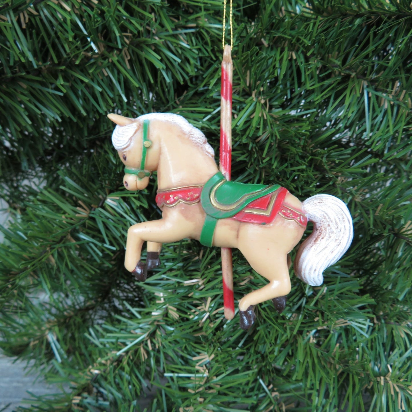 Vintage Tan and White Carousel Horse Pony Ornament Plastic Christmas