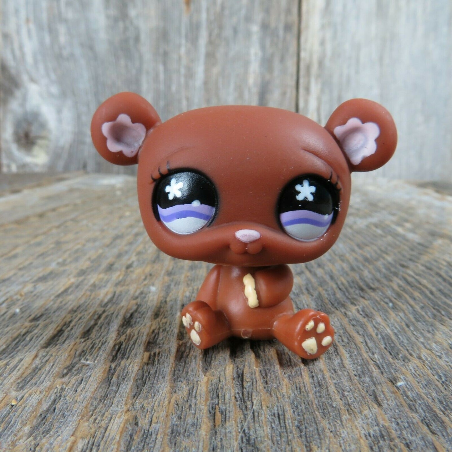 Littlest Pet Shop LPS Brown Panda Bear Purple Sad Star Eyes Toy Flower Ears