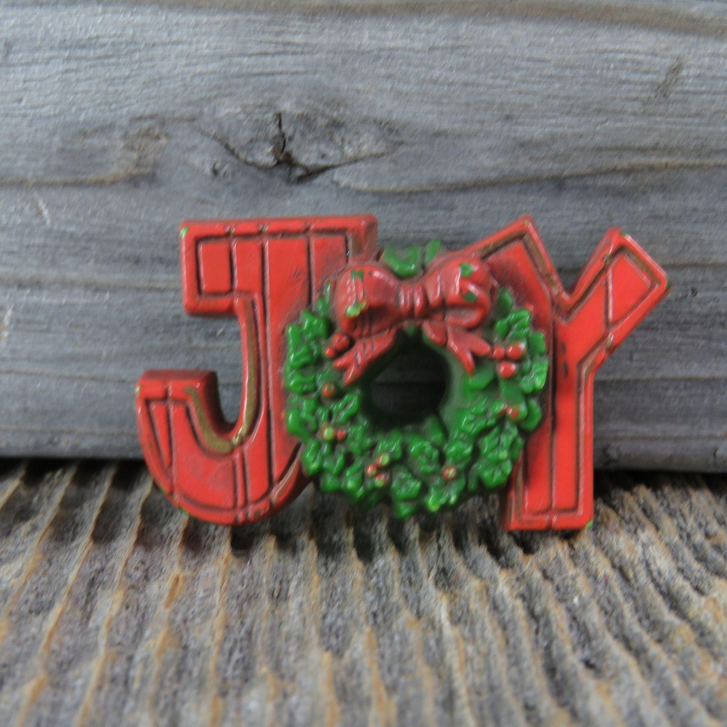 Vintage Joy Christmas Pin Brooch Hallmark Wreath Brown Green Holiday