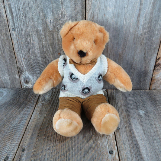 Vintage Teddy Bear In Sweater Vest Plush Corduroy Pants Bow Tie Amscan Brown Orange