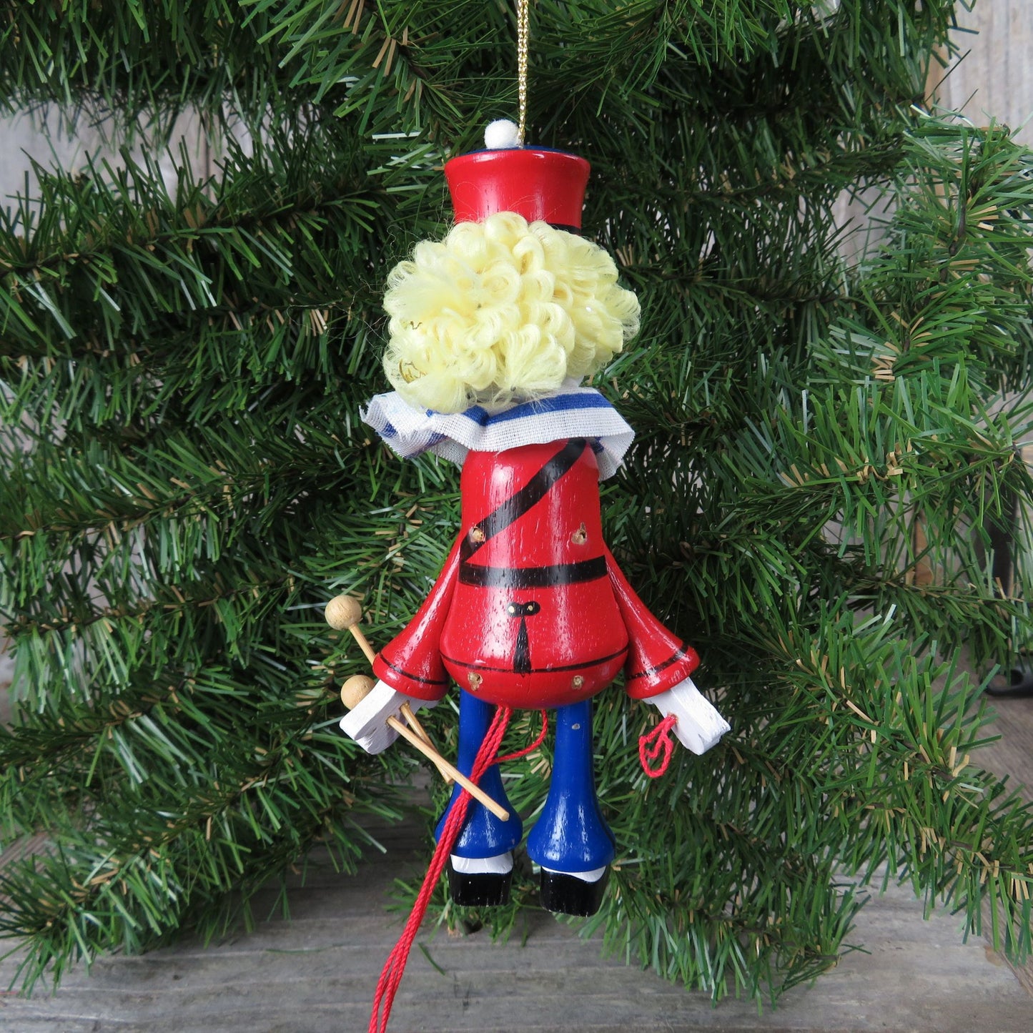 Wood Pull String Clown Ornament Kurt Adler Vintage Jumping Circus Drummer Christmas 1990