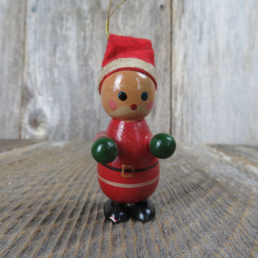 Vintage Wood Santa Ornament Wooden Felt Hat Christmas Red