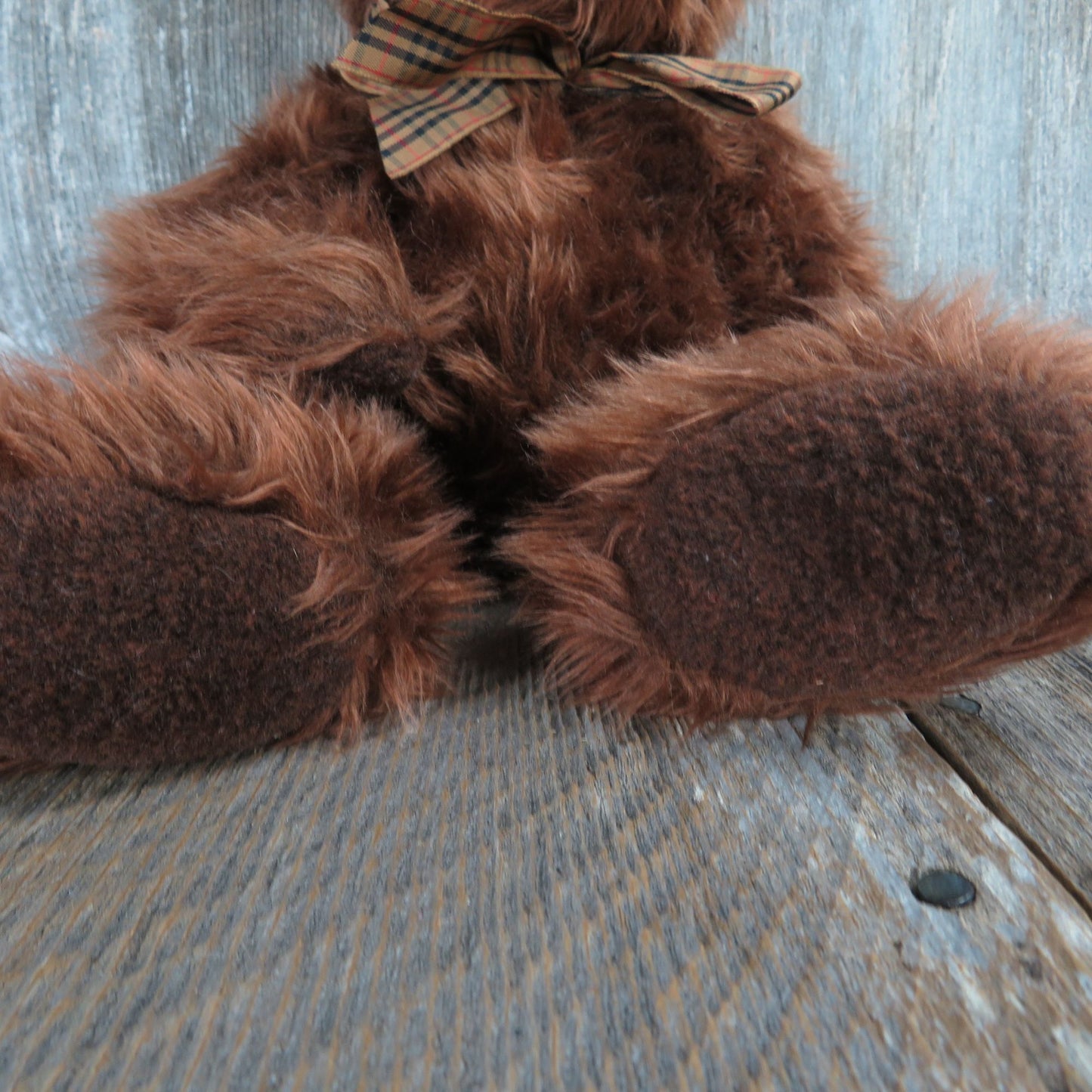 Vintage Teddy Bear Shaggy Plush Beresford Russ Stuffed Animal Brown Plaid Bow Stitched Nose