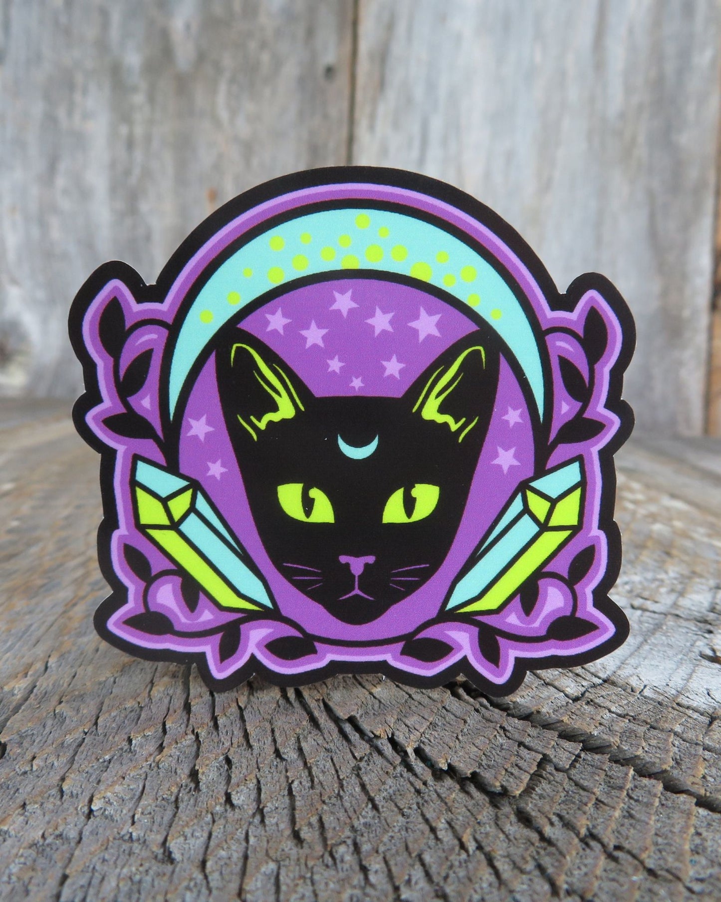 Mystic Symbols Cat Sticker Green Moon Third Eye Crystals Waterproof Magic Wicca Halloween Full Color