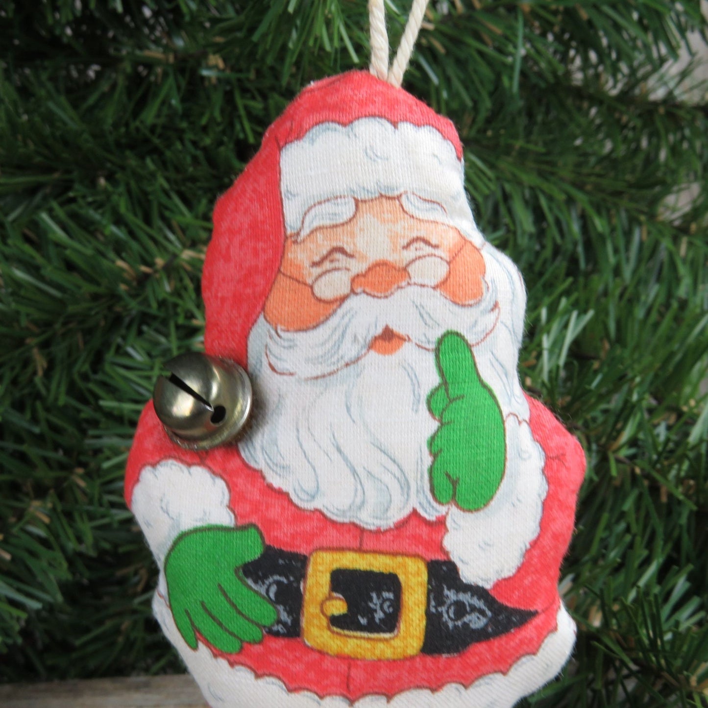 Vintage Santa Ornament Plush Body Fabric Bell Printed Red Green Christmas