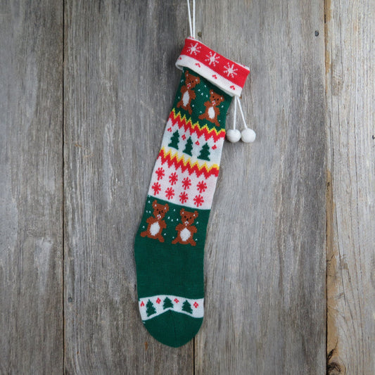 Vtg Knit Teddy Bear Christmas Stocking Knitted White Red Green Tree Snowflake Pom Pom