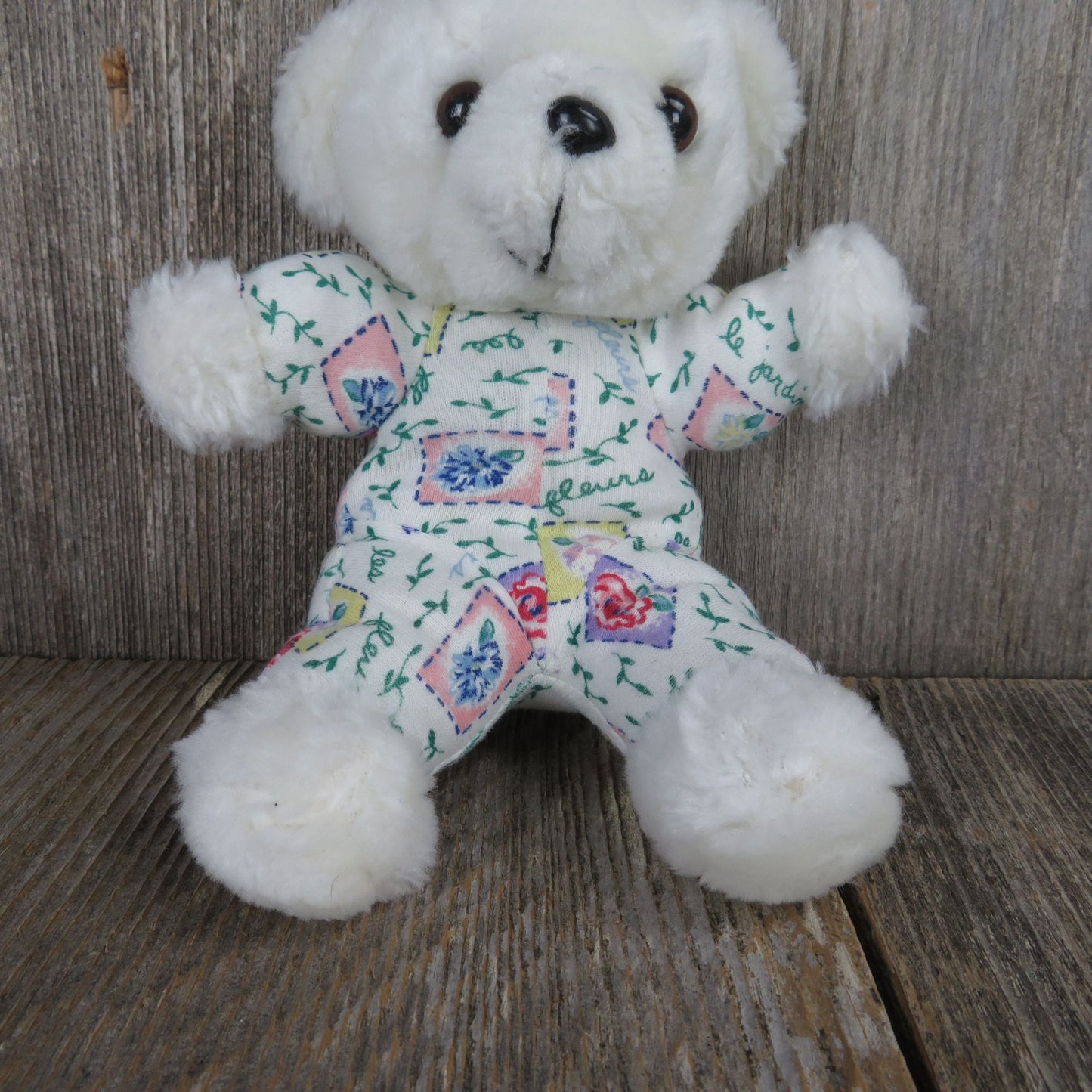 Vintage Mini Bear Plush White with Floral Fabric Body Blue Pink Flowers Stuffed Animal